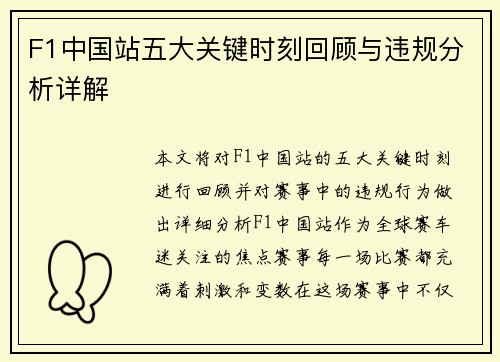 F1中国站五大关键时刻回顾与违规分析详解 F1中国站五大关键时刻回顾与违规分析详解
